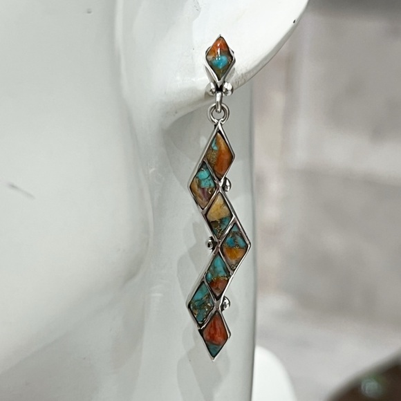 Santa Fe Style Spiny Turquoise Zigzag Sterling Silver BOHO Dangle Post Earrings - Picture 6 of 10